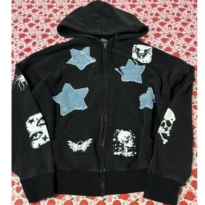 Social Collision Black Star Patch Skull Grunge Zip Up Hoodie Small y2k style b3